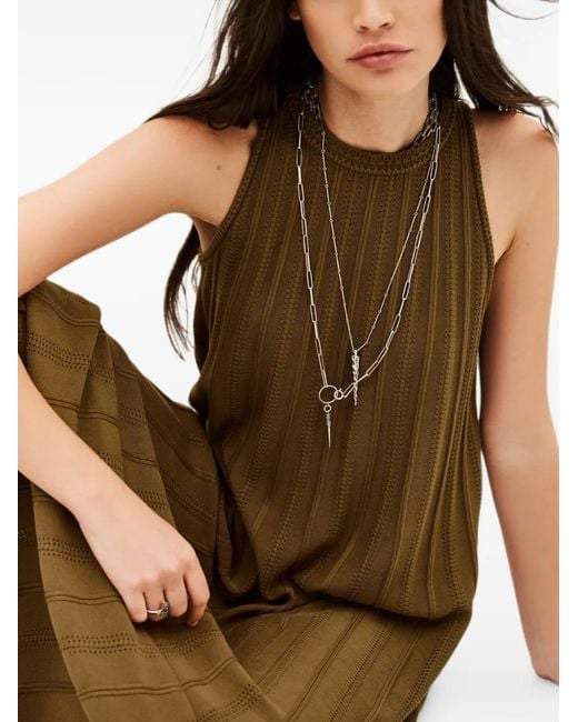 Ba&sh Natural Sinte Ribbed-Knit Pointelle-Trim Flared Maxi Dress