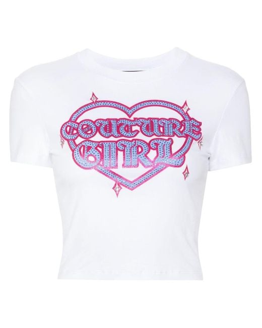 Versace Pink Stretch Cotton Crop T-shirt With Glitter Print