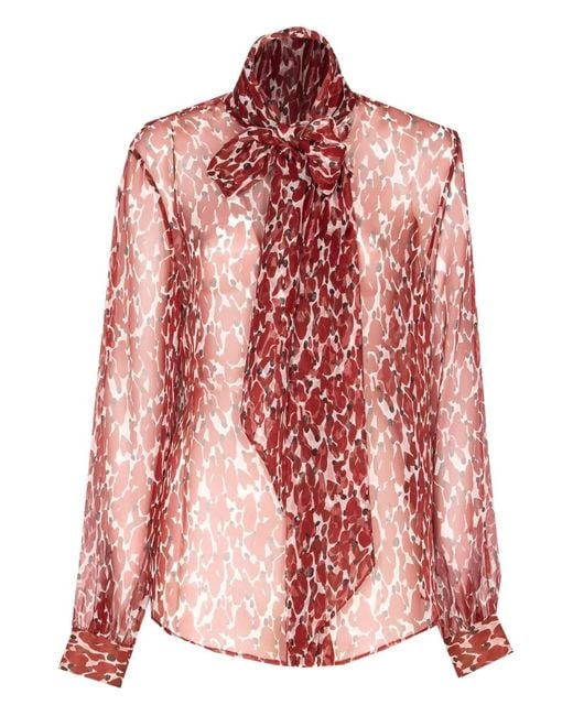 Saint Laurent Pink All-Over Print Bow-Detail Blouse