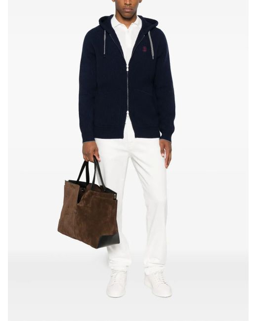 Brunello Cucinelli Blue Zip-Up Hooded Cardigan for men