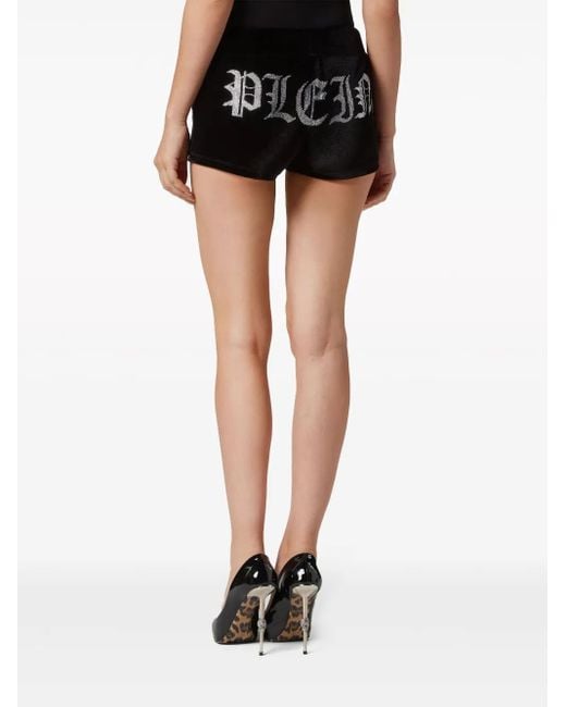 Philipp Plein Black Gothic Plein-Print Velvet Shorts