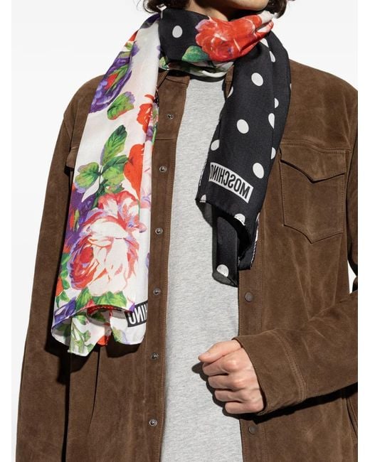 Moschino Gray Floral-Print Polka-Dot Scarf