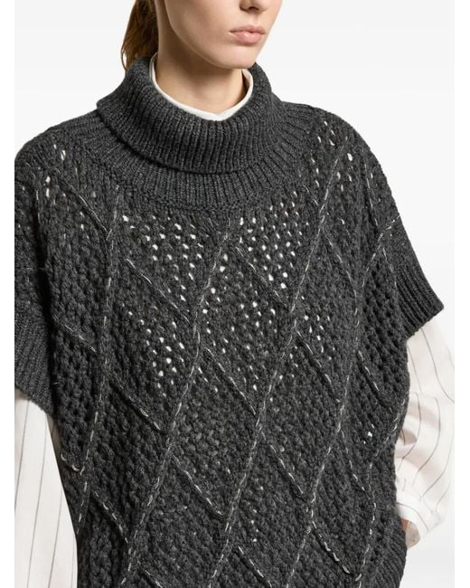 Peserico Black Diamond-Knit Roll-Neck Shot-Sleeve Sweater