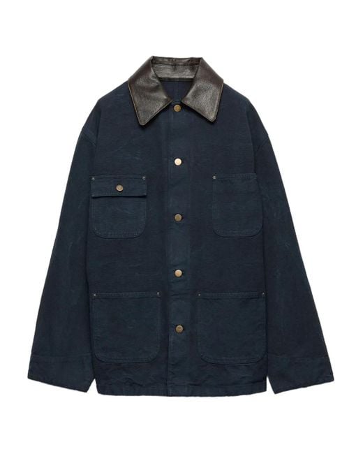 Veste En Coton À Col En Cuir Prada en coloris Blue