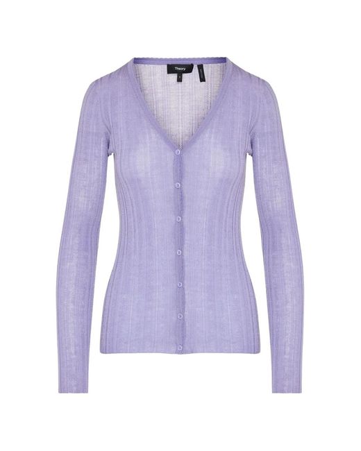 Theory Purple Ribbed-Knit V-Neck Cardigan