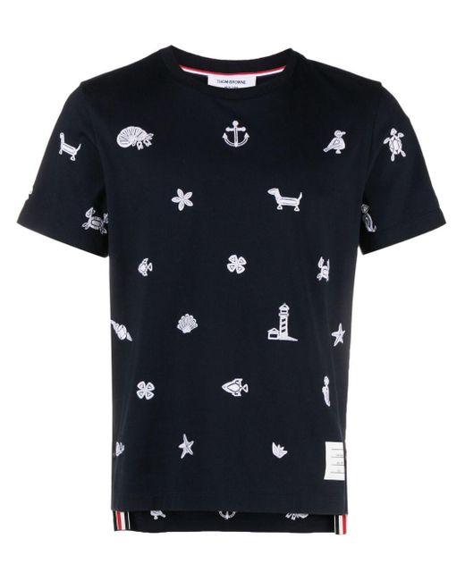 Thom Browne Blue Embroidered Cotton T-shirt for men