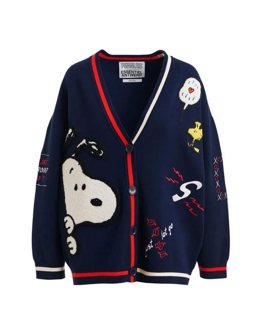 Essentiel Antwerp Blue Peanuts Graphic-Print V-Neck Cardigan