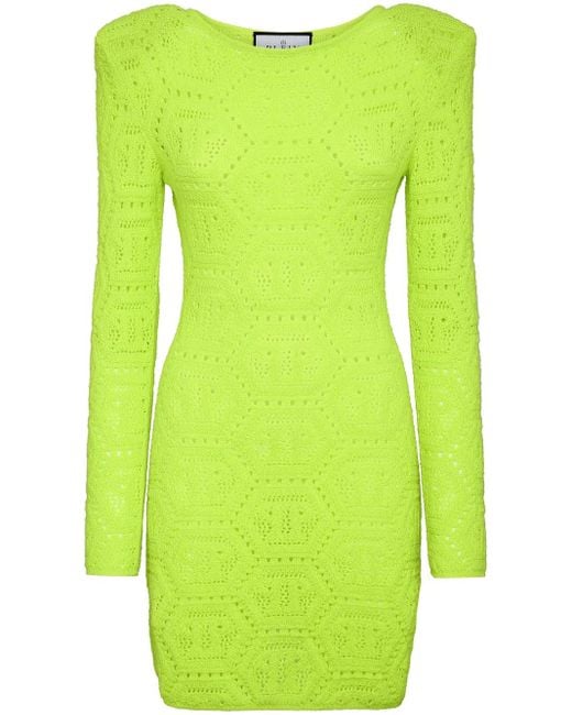 Philipp Plein Green Monogram-Intarsia Mini Dress