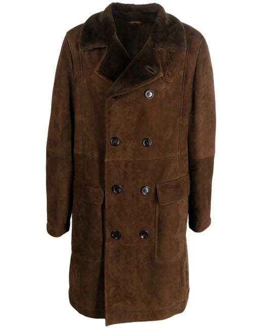 Brunello Cucinelli Brown Double-Breasted Lambskin Coat for men