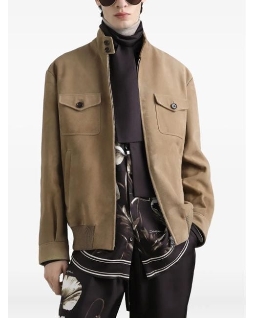Dolce & Gabbana Brown Flap-Pocketed Zip-Front Leather Jacket for men