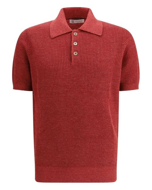 Brunello Cucinelli Men's Red Short-Sleeve Knitted Polo Shirt
