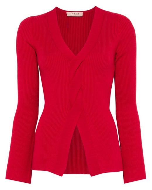 Twin Set Red Twist-Detail Ribbed Sweater