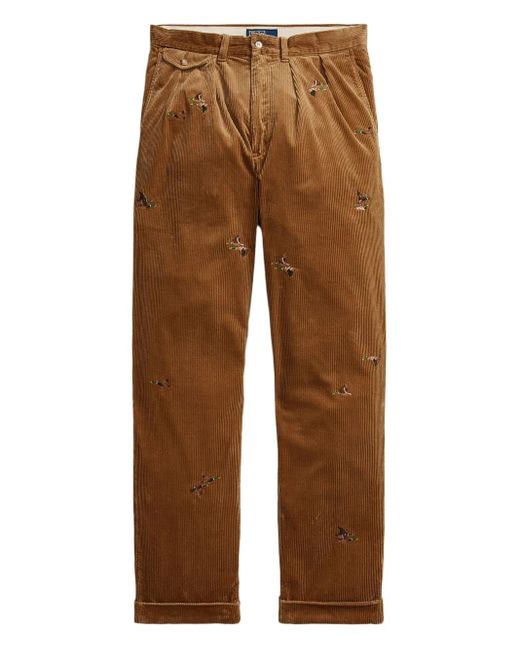 Polo Ralph Lauren Brown Duck-Embroidered Corduroy Trousers for men