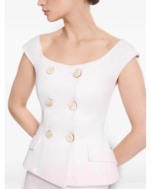 Elie Saab White Double-Breasted Piqué Blouse