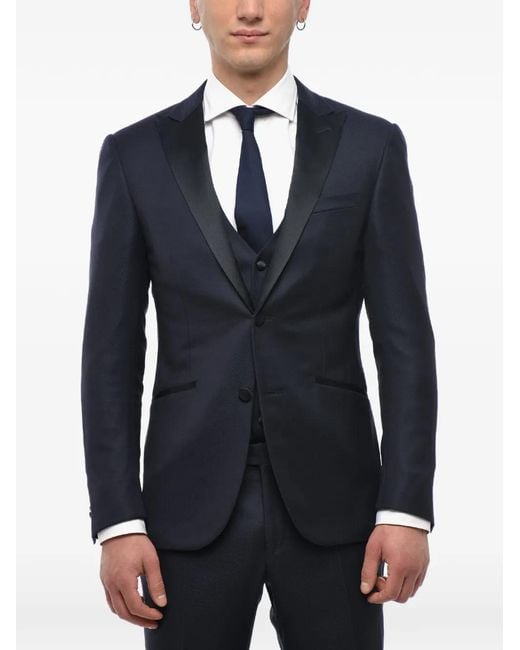 Corneliani Blue Jacquard Satin-Lapel Suit for men