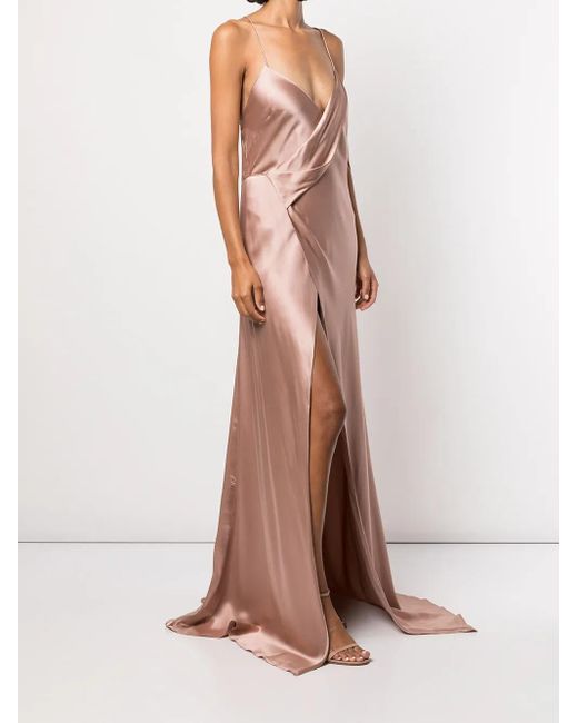 Michelle Mason Pink Silk Wrap Floor-Length Gown