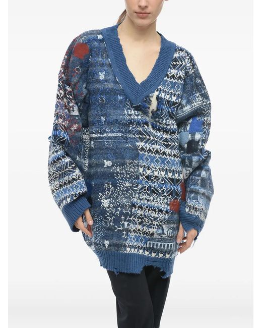 Maison Margiela Blue Mm0 Mixed Wool Pullover With V Neck