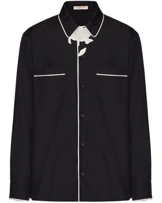 Valentino Garavani Black Flower-appliqué Silk Pajama Shirt for men