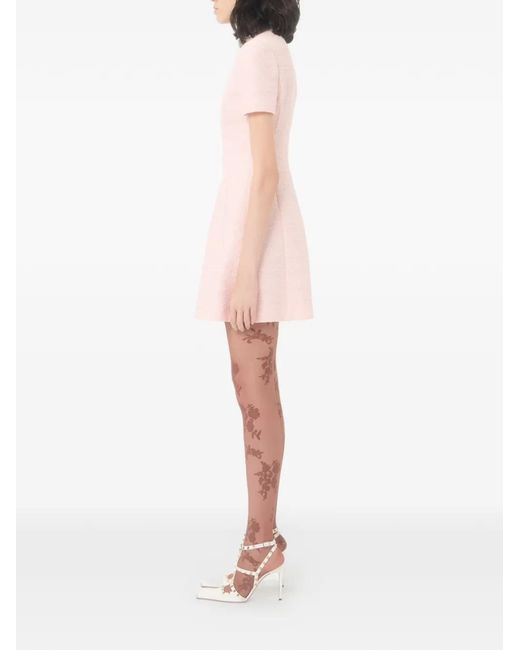 Valentino Garavani Pink Embroidered Crinkle Cotton Tweed Short Dress