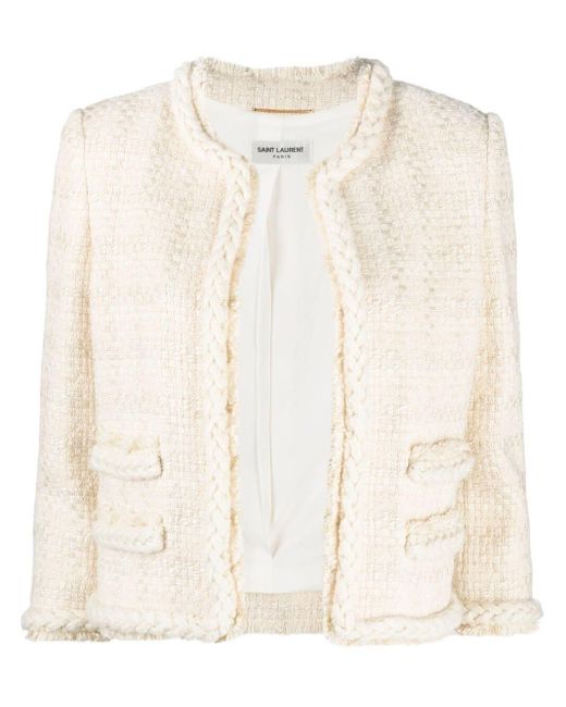 Giacca corta bianca in tweed di lana e seta a quadri di Saint Laurent in White