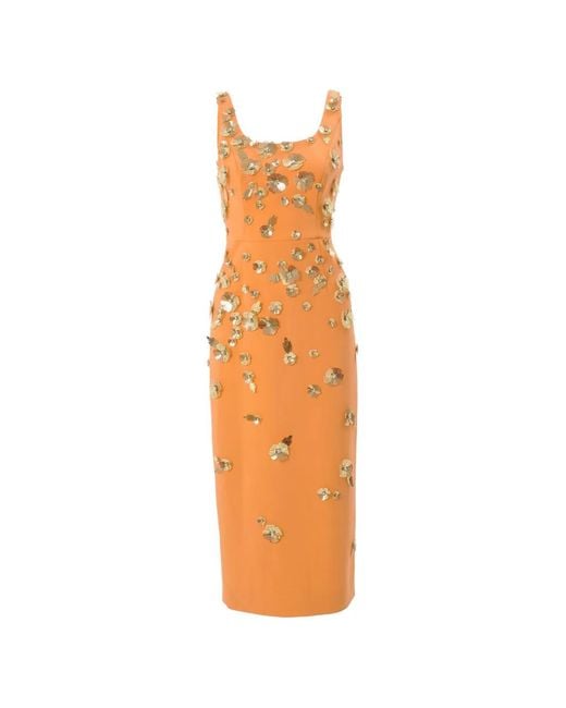 Carolina Herrera Orange Floral Embellished Midi Dress