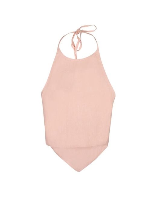 120% Lino Pink Halterneck Handkerchief-Hem Top