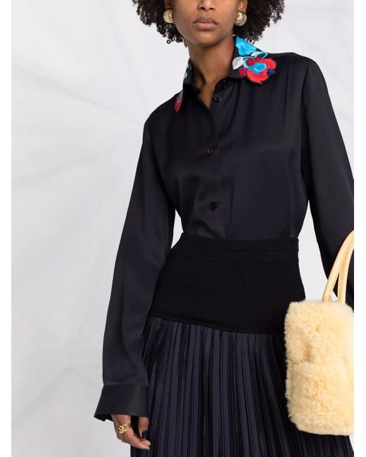 Jil Sander Blue Floral-Embroidered Collar Satin Shirt