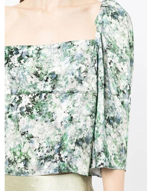 Vince Green Floral-Print Square-Neck Blouse