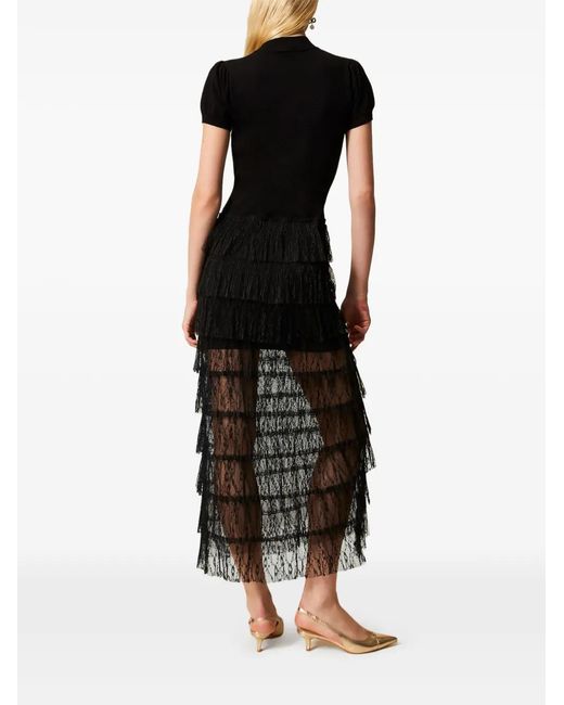 Twinset Black Long Plumetis Lace Knit Dress