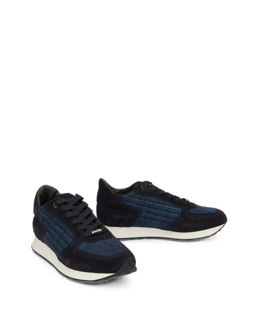 Moorer Blue Leather Denim-Insert Sneakers