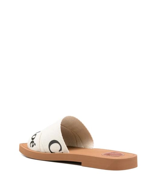 Chloé White Woody Logo-Print Sandals