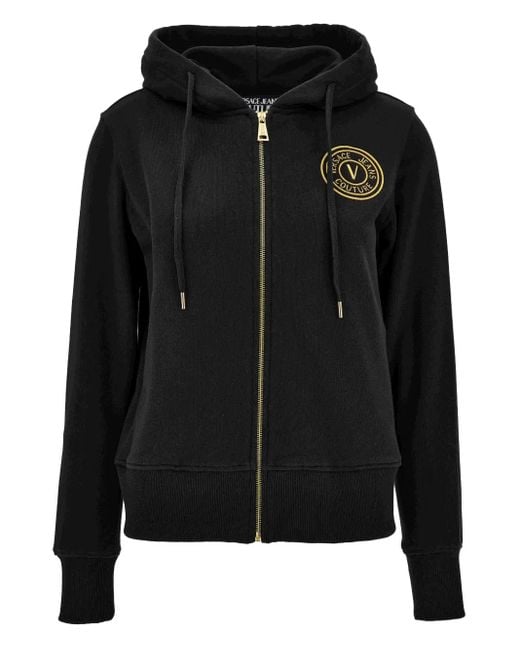 Felpa Con Cappuccio, Applicazione Logo E Zip di Versace Jeans Couture in Black