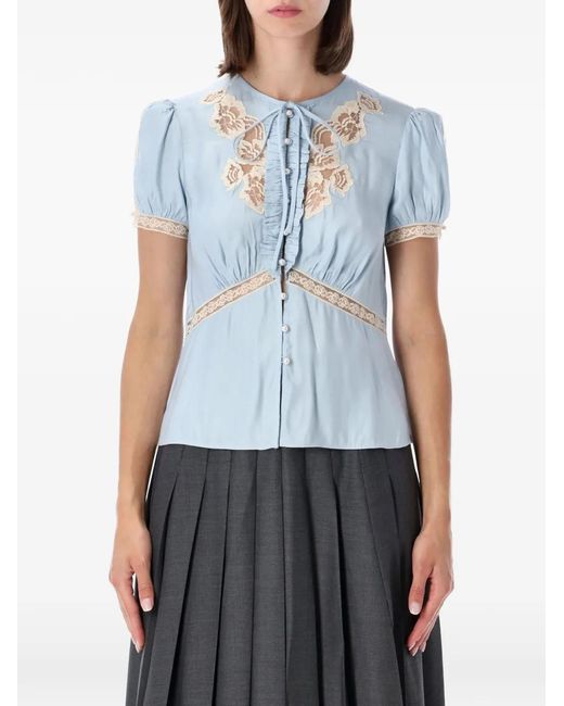 Self-Portrait Blue Lace-Trim Ruffled Blouse
