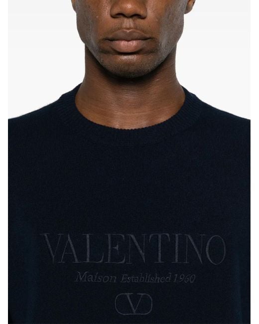Valentino Garavani Blue Embroidered-Logo Knitted Jumper for men