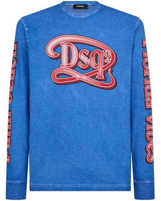DSquared² Blue Logo-print Stonewashed Cotton T-shirt for men