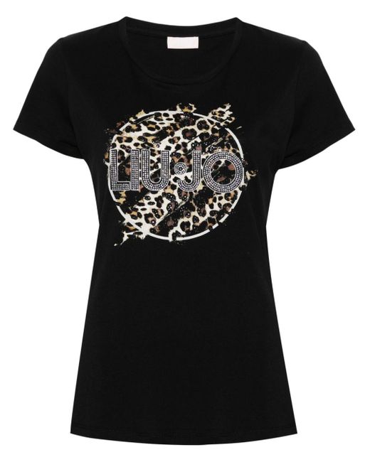 Liu Jo Black Leoparden-T-Shirt mit Strass-Logo