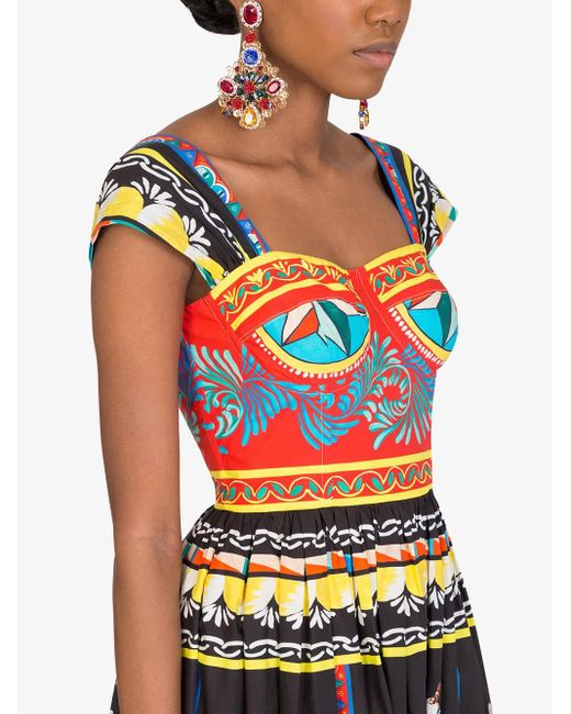 Dolce & Gabbana Black Carretto-Print Bustier Midi Dress