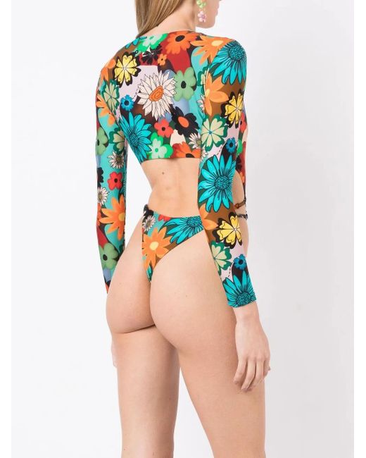 Amir Slama Blue Floral-Print Cut-Out Swimsuit