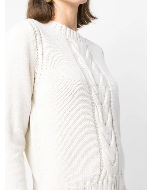 D.exterior White Cable-Knit Crew-Neck Sweater
