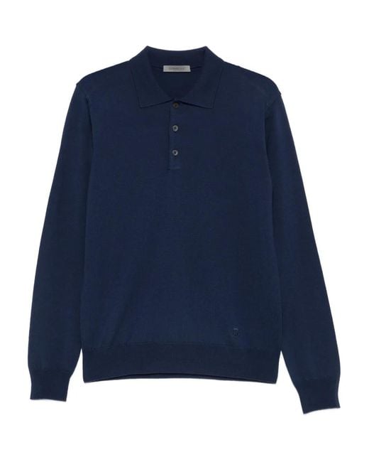 Corneliani Blue Ribbed Long-Sleeve Polo Shirt for men