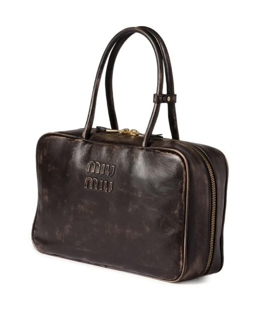 Miu Miu Black Beau Logo-Embossed Zip-Top Tote Bag