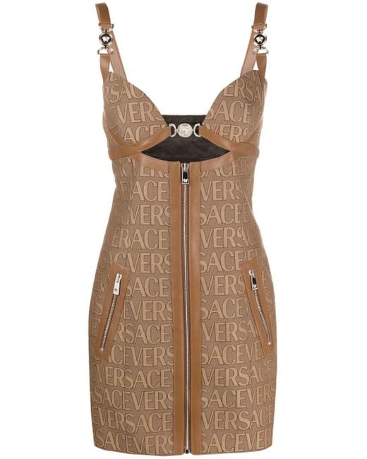 Monogram Mini -Kleid mit Lederverkleidungen Versace de color Brown