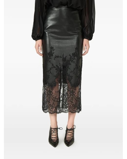 Costarellos Black Asha Lace Leather Pencil Midi Skirt