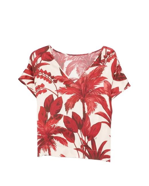 Clips Red Palm-Tree-Print V-Neck Top