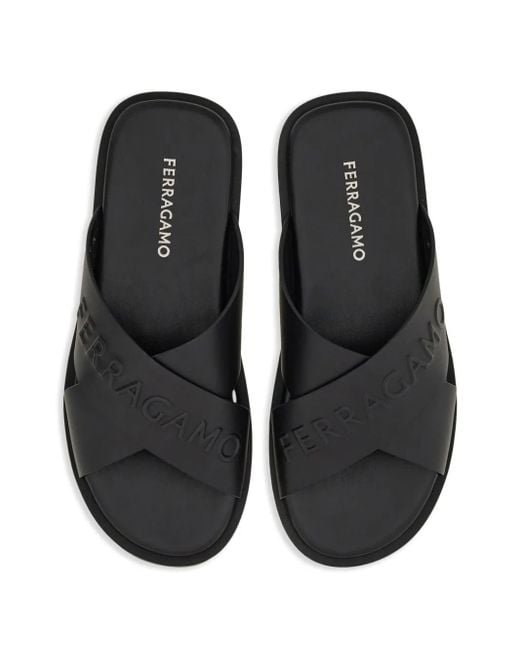 Ferragamo Black Logo Crossover Leather Slides for men