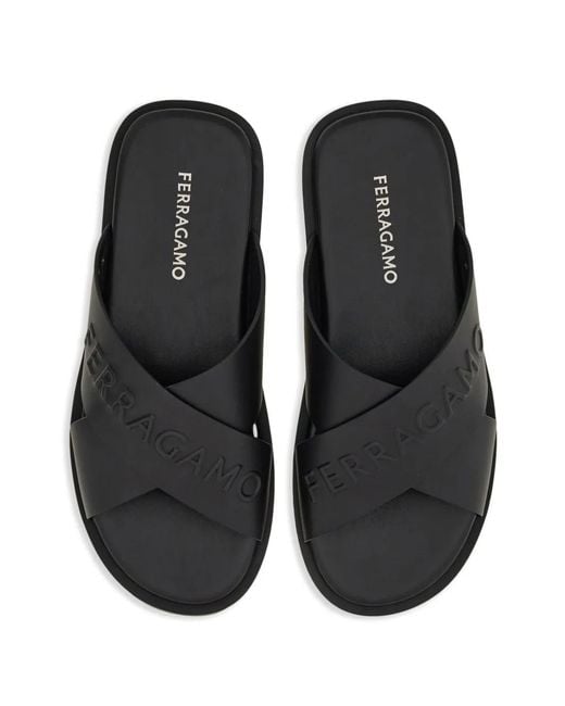 Ferragamo Black Logo Crossover Leather Slides for men