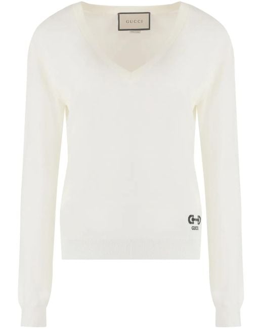 Gucci Natural Gg V-Neck Wool Jumper