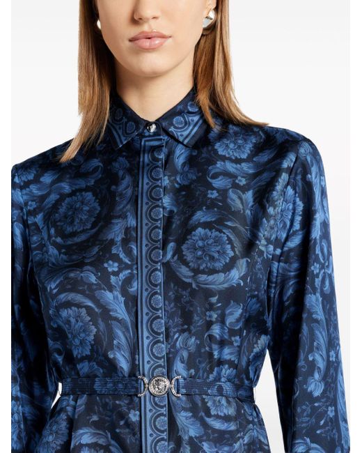 Versace Blue Barocco-print Belted Silk Shirtdress