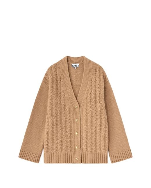 Ganni Natural Cable-Knit Button-Up Cardigan