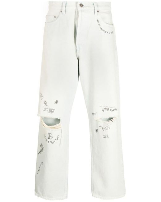 Golden Goose Deluxe Brand White Distressed-effect Text-print Straight-leg Jeans for men